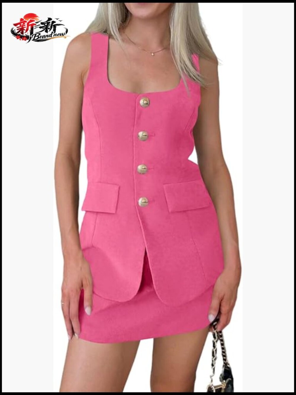 Sleeveless Scoop Neck Fitted Blazer Vest Matching Set Mini Skirt Short Suit